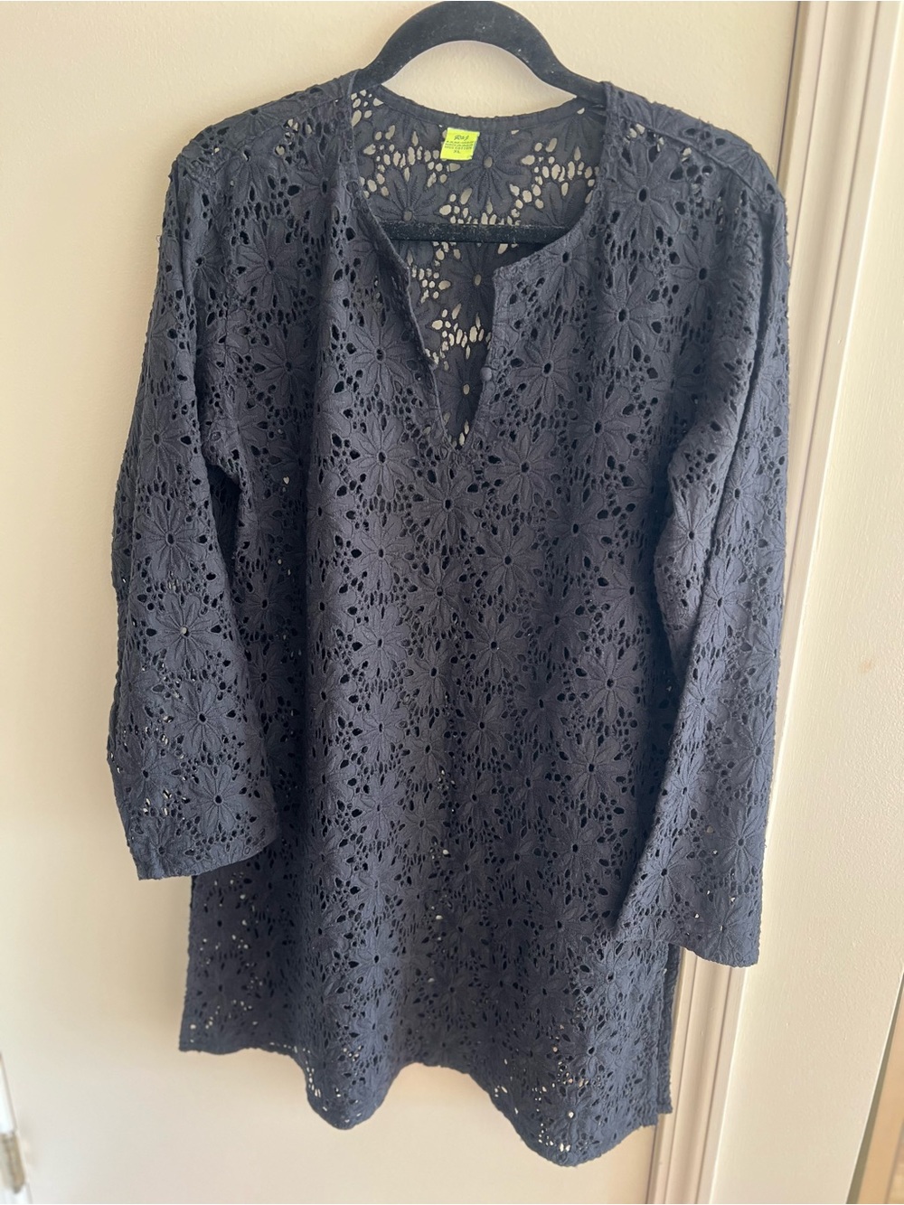 Raj Handcrafted Black Eyelet Swim Cover Up Tunic XL Cotton Floral Resort